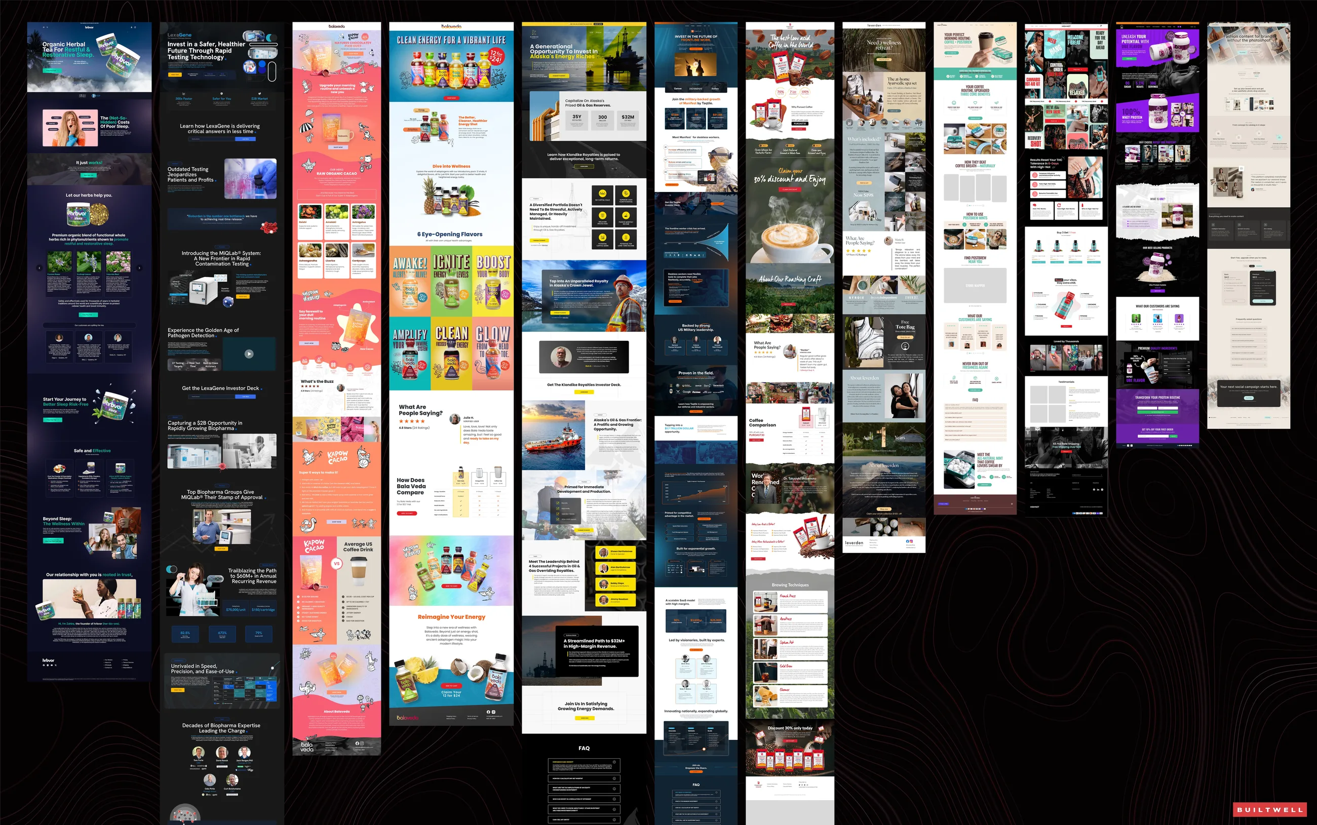 A portfolio board of Builtwell landing page and website designs